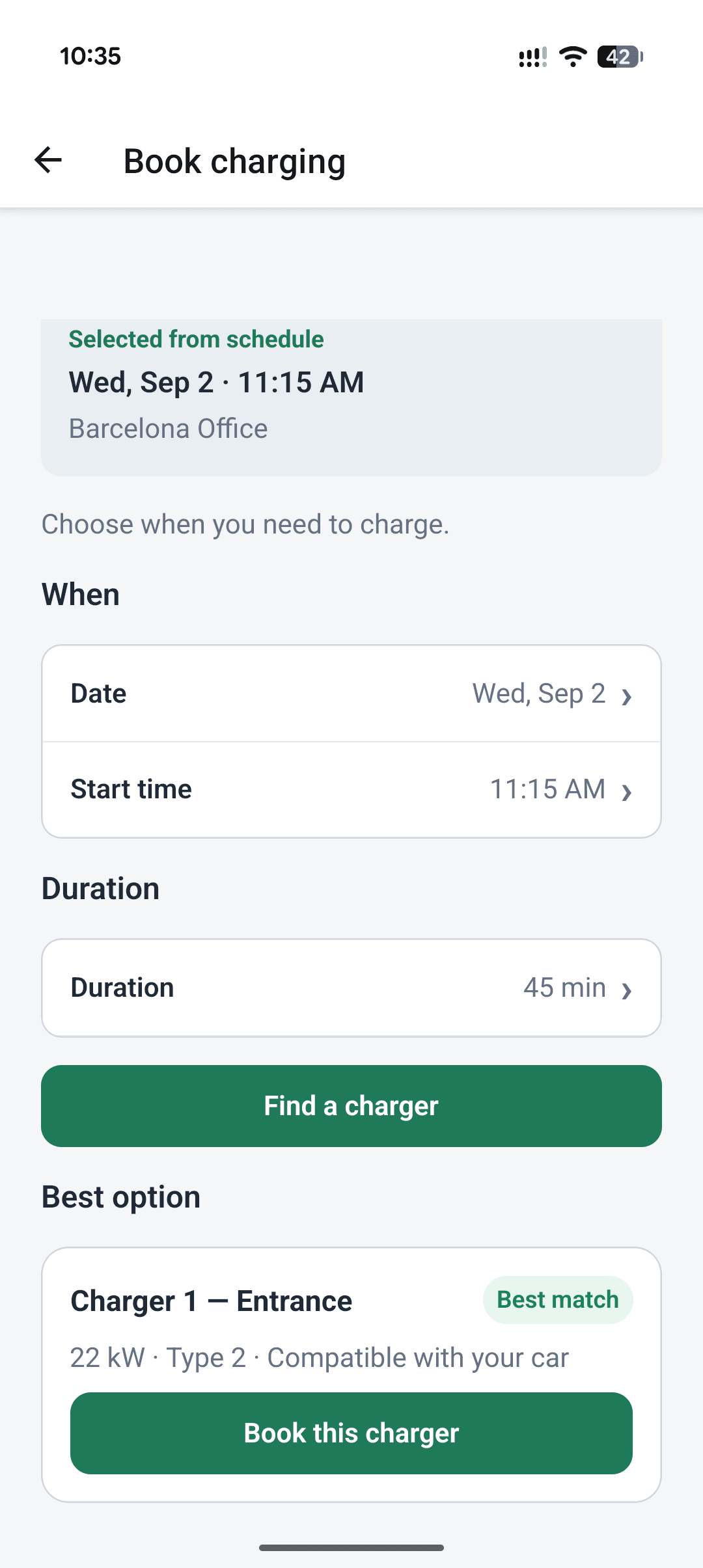 Charge Roster mobile booking results showing available workplace chargers and times