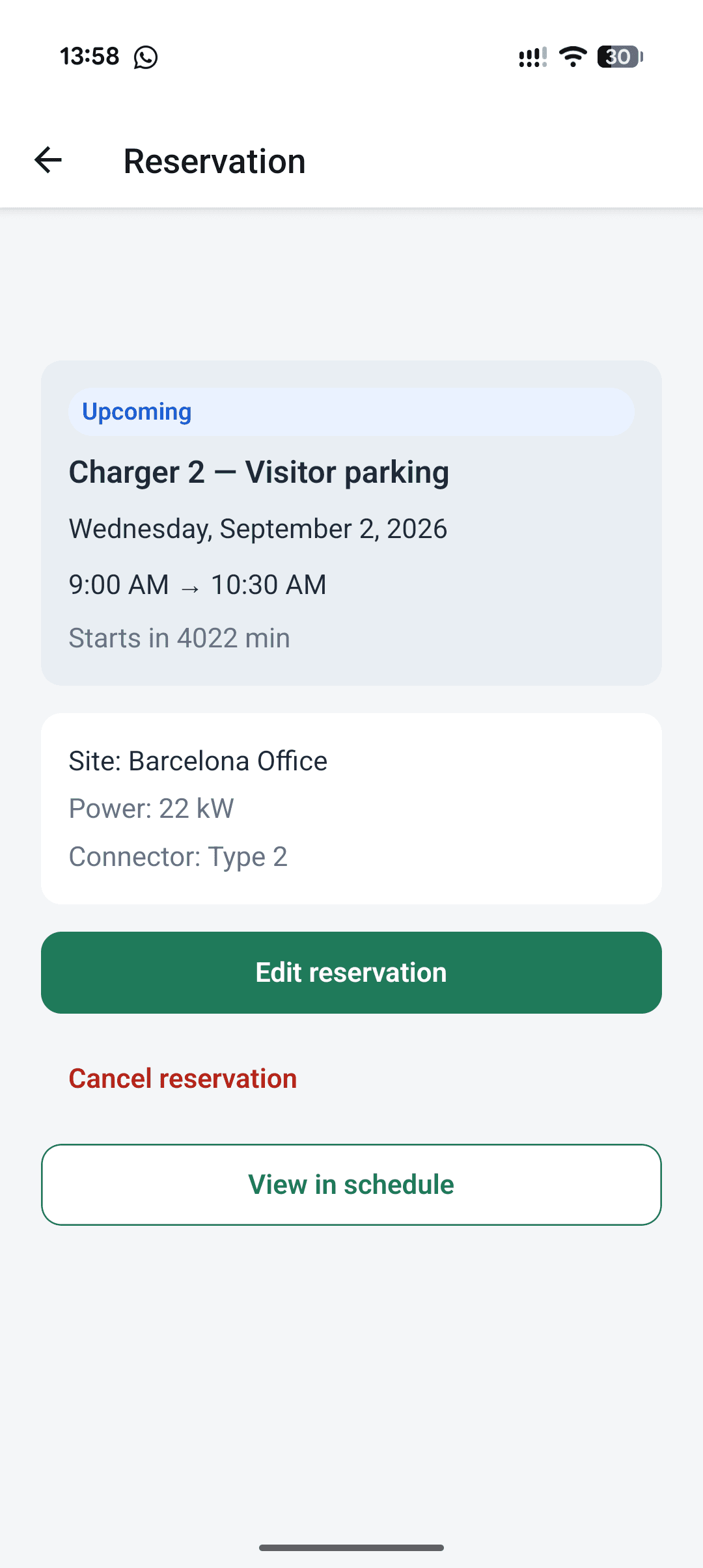 Charge Roster mobile reservation confirming a workplace charging time from 09:00 to 10:30