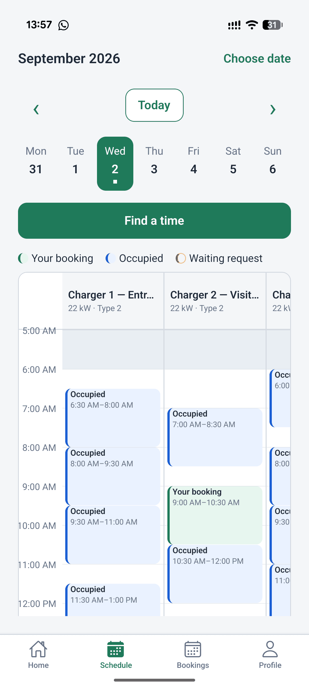 Charge Roster mobile schedule showing availability across shared workplace chargers