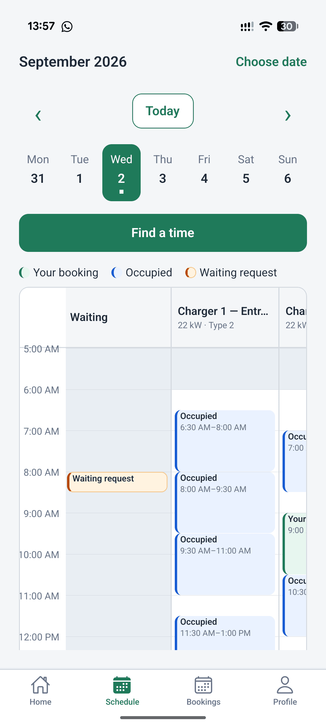 Charge Roster mobile schedule showing available workplace charging times